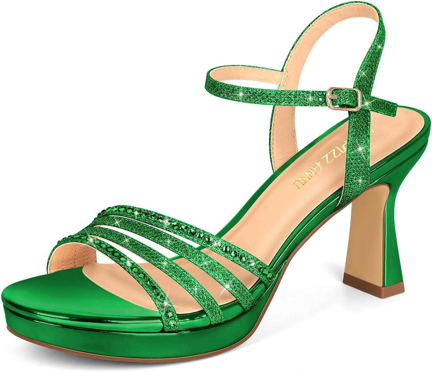 PIZZ ANNU Lena Women's Platform Heels High Block Chunky Sparkly Rhinestone Open Toe Ankle Strap Fashion Dress Pump Sandals Shoes for Party Wedding