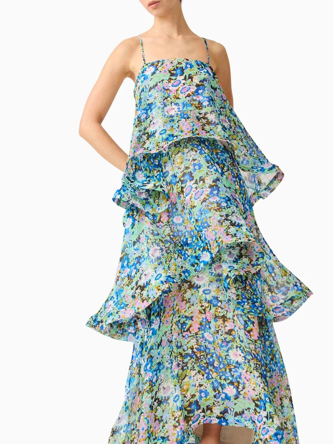 Women's Elegant Print Layered Ruffle Prom Dress Spaghetti Strap Backless Loose Chiffon Maxi Dress
