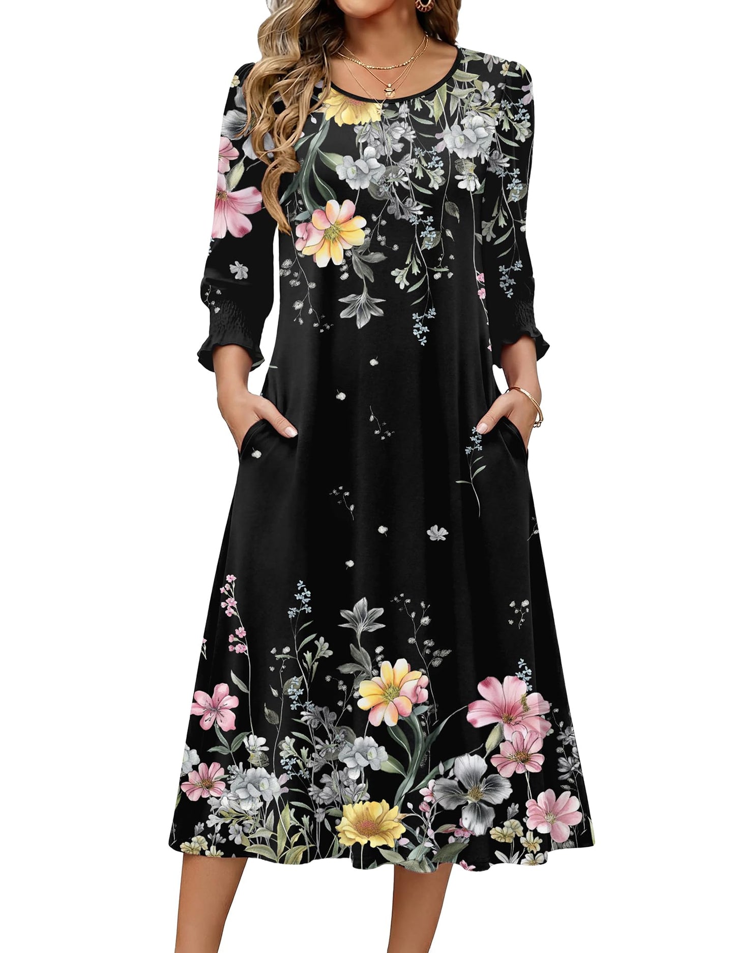 Zeagoo Summer Dresses for Women 2026 3/4 Sleeve Dress for Women Floral Midi Dresses for Casual Womens Dresses with Pockets
