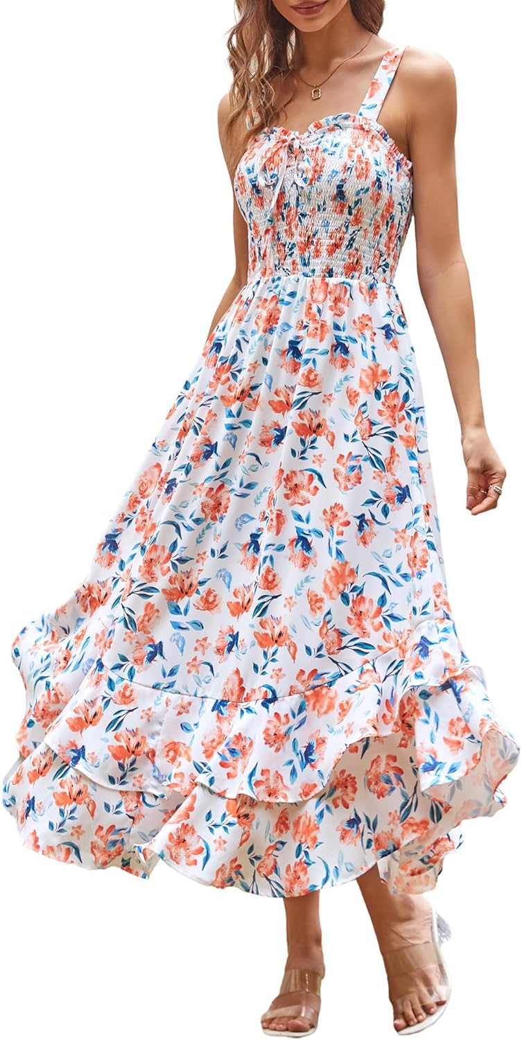 GRACE KARIN Women's 2026 Summer Floral Boho Dress Square Neck Strapped Swing A Line Sundress Beach Long Maxi Outfits