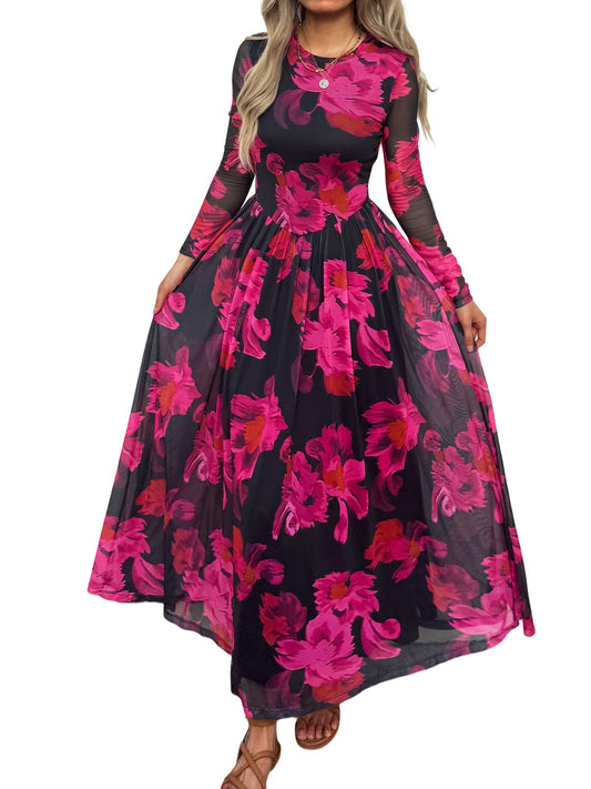 Women's Maxi Dress 2026 Spring Long Sleeve Crewneck Mesh Floral Dress Drop Waist Party Wedding Guest Dresses