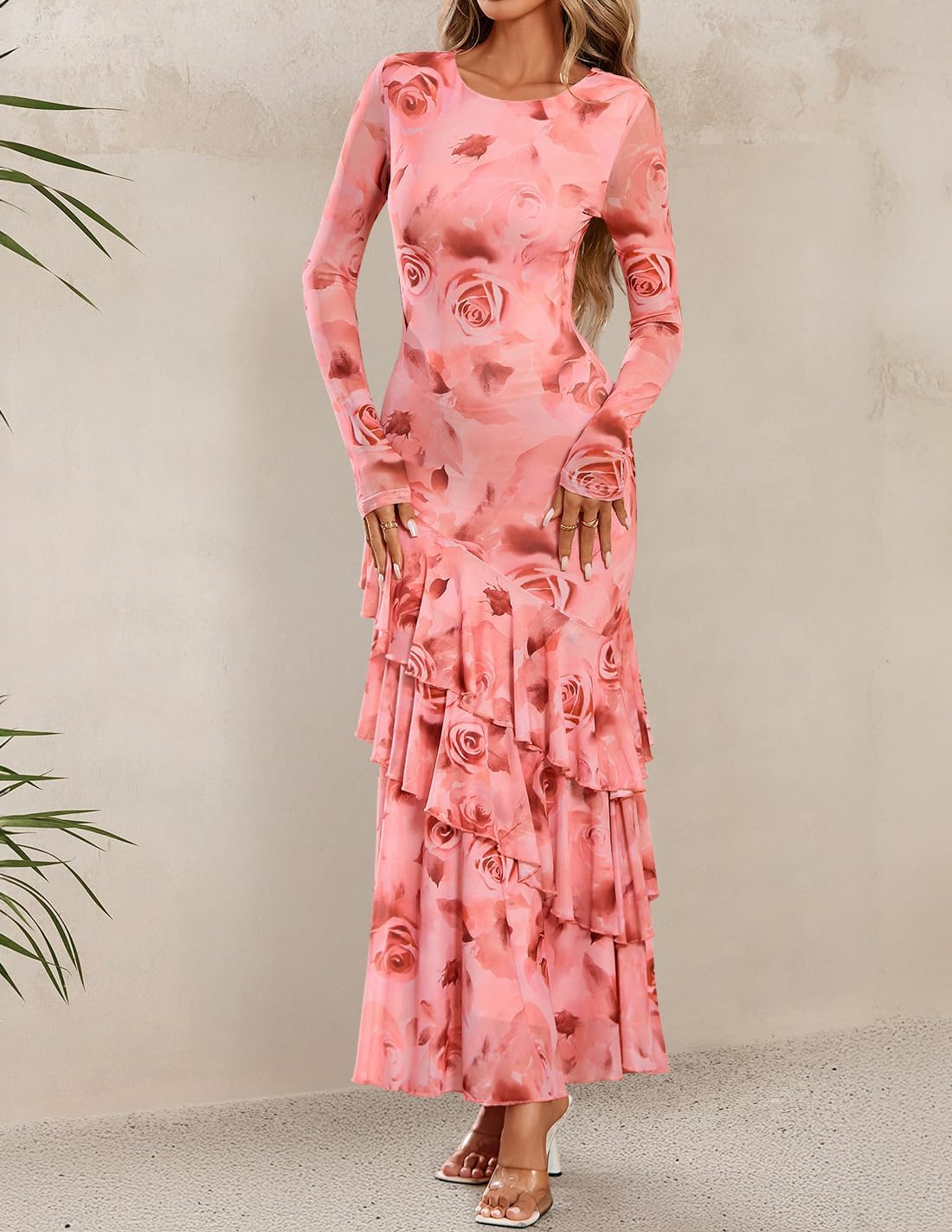 ZESICA Women's Fall Floral Bodycon Maxi Wedding Guest Dresses