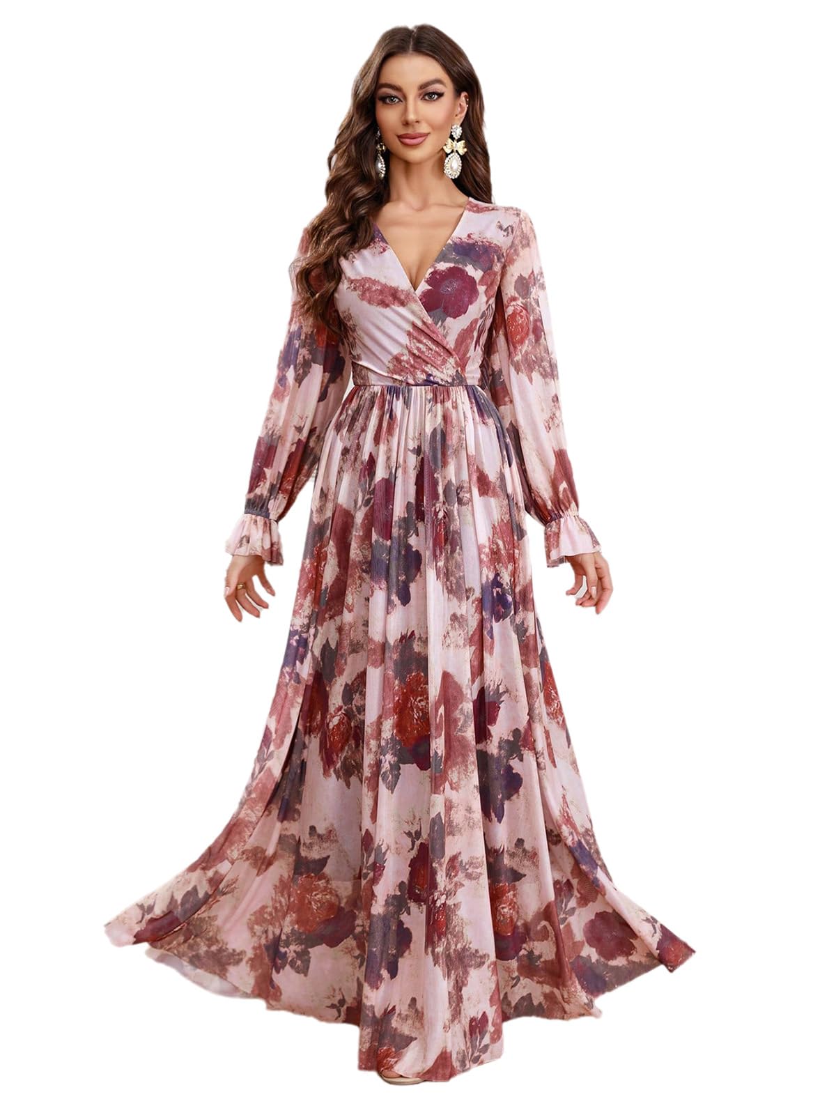 TOLEEN Summer Casual Dresses for Women 2024 Spring Fashion Boho V Neck Long Sleeve Ruffle Floral Print Elegant Maxi Dress