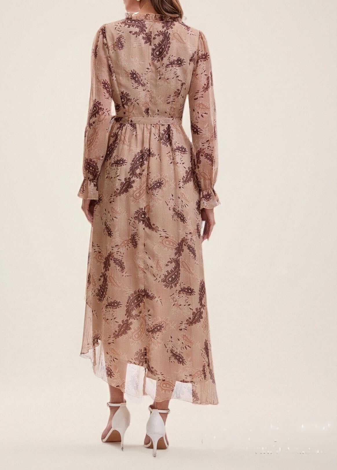 Women's Bohemian Floral Print Tie-Waist Wrap Midi Dress - Long Sleeve V-Neck Asymmetrical Hem Flowy Chiffon Dress