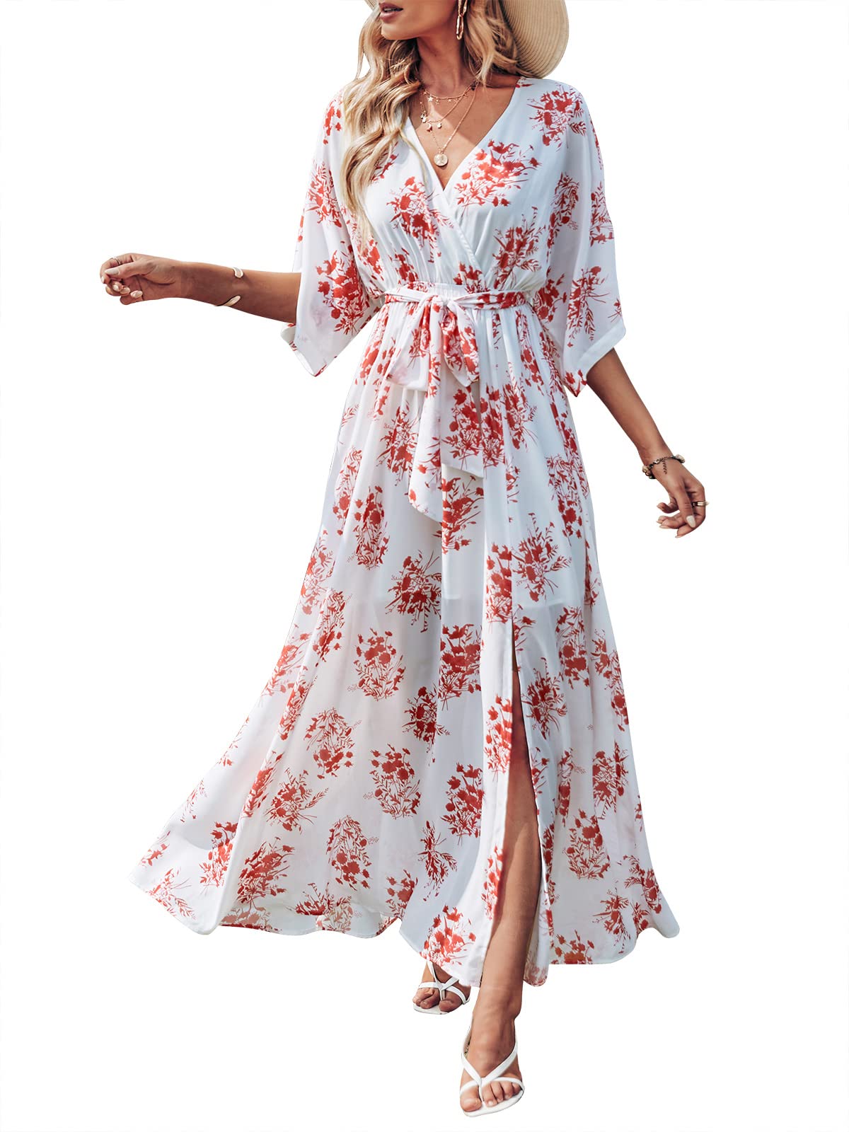 ANRABESS Womens 1/2 Sleeve Beach Wedding Guest Maxi Dresses 2026 Summer Wrap V Neck Boho Floral Flowy Slit Long Dresses