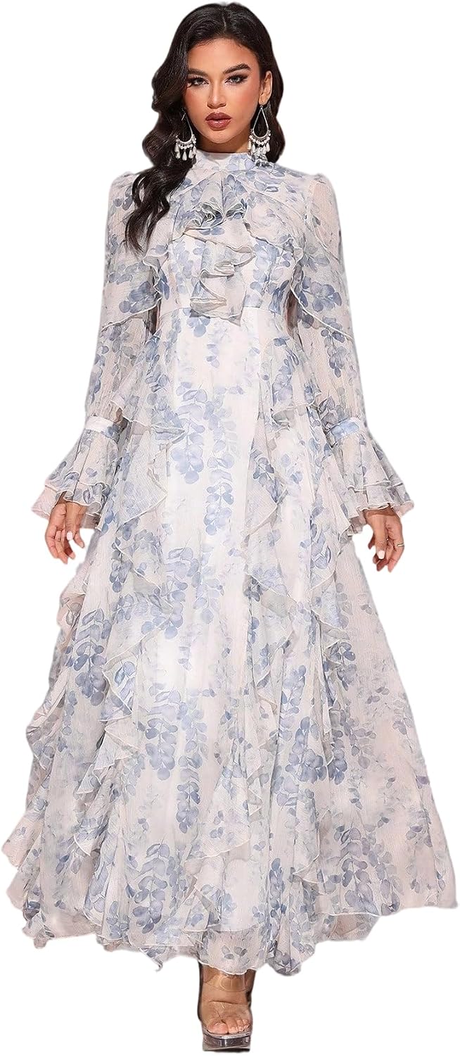 TOLEEN Summer Casual Dresses for Women 2024 Spring Fashion Boho V Neck Long Sleeve Ruffle Floral Print Elegant Maxi Dress