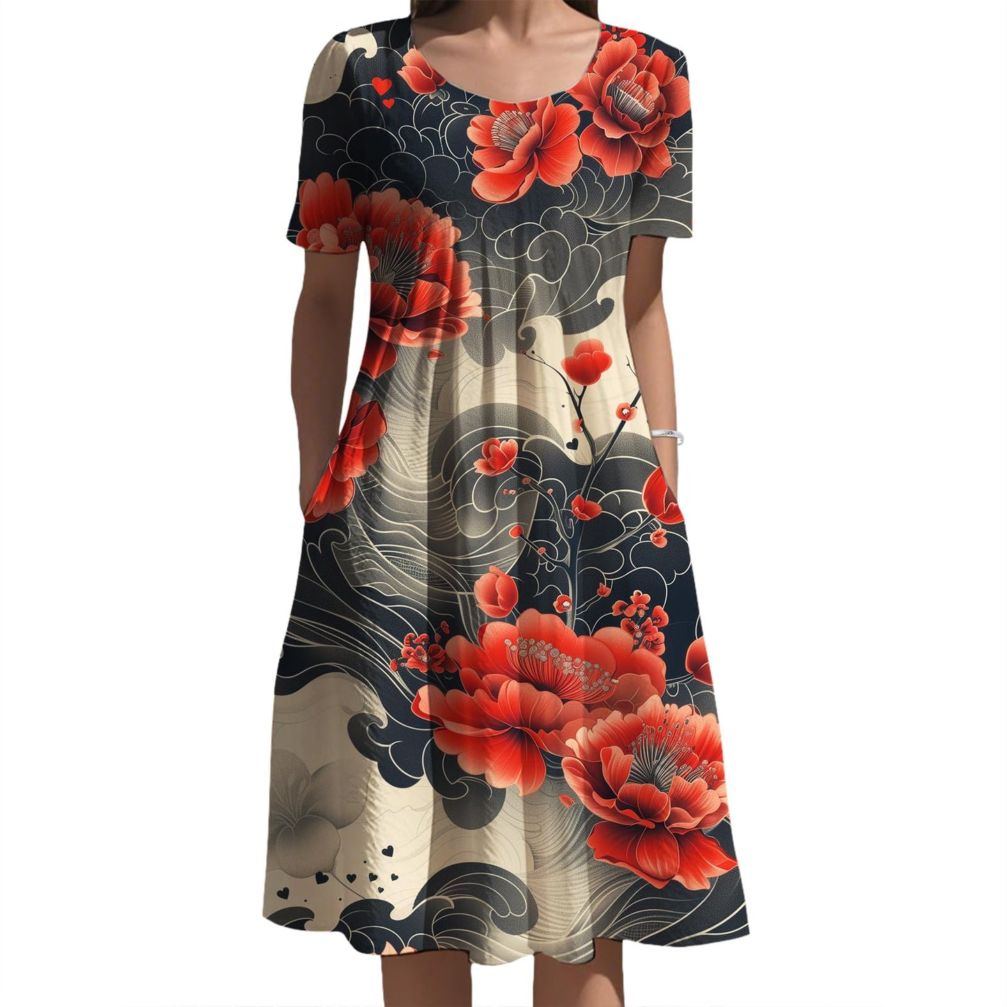 Oriental Ink Floral Midi Dress Gradient Tone for Women Elegant Daily Vacation Outfit with Side Pockets and Style