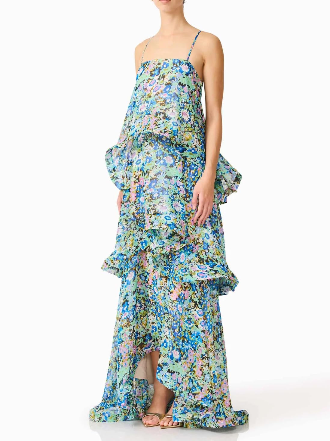 Women's Elegant Print Layered Ruffle Prom Dress Spaghetti Strap Backless Loose Chiffon Maxi Dress