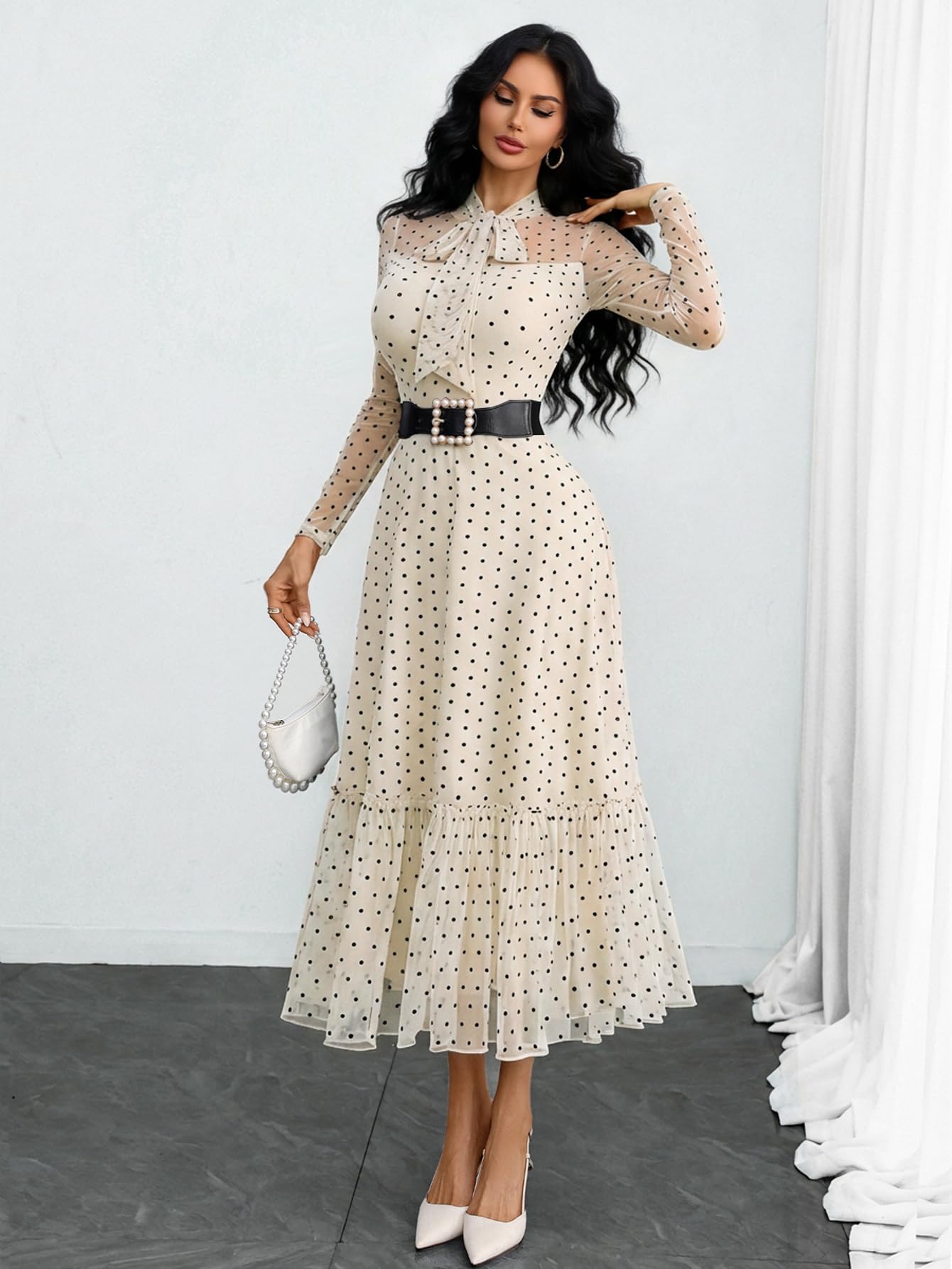 GothDark Polka Dot Dress for Women Mesh Tie Neck Bow Sheer Sleeve Flowy Ruffle Hem Going Out Wedding Guest Casual Dress