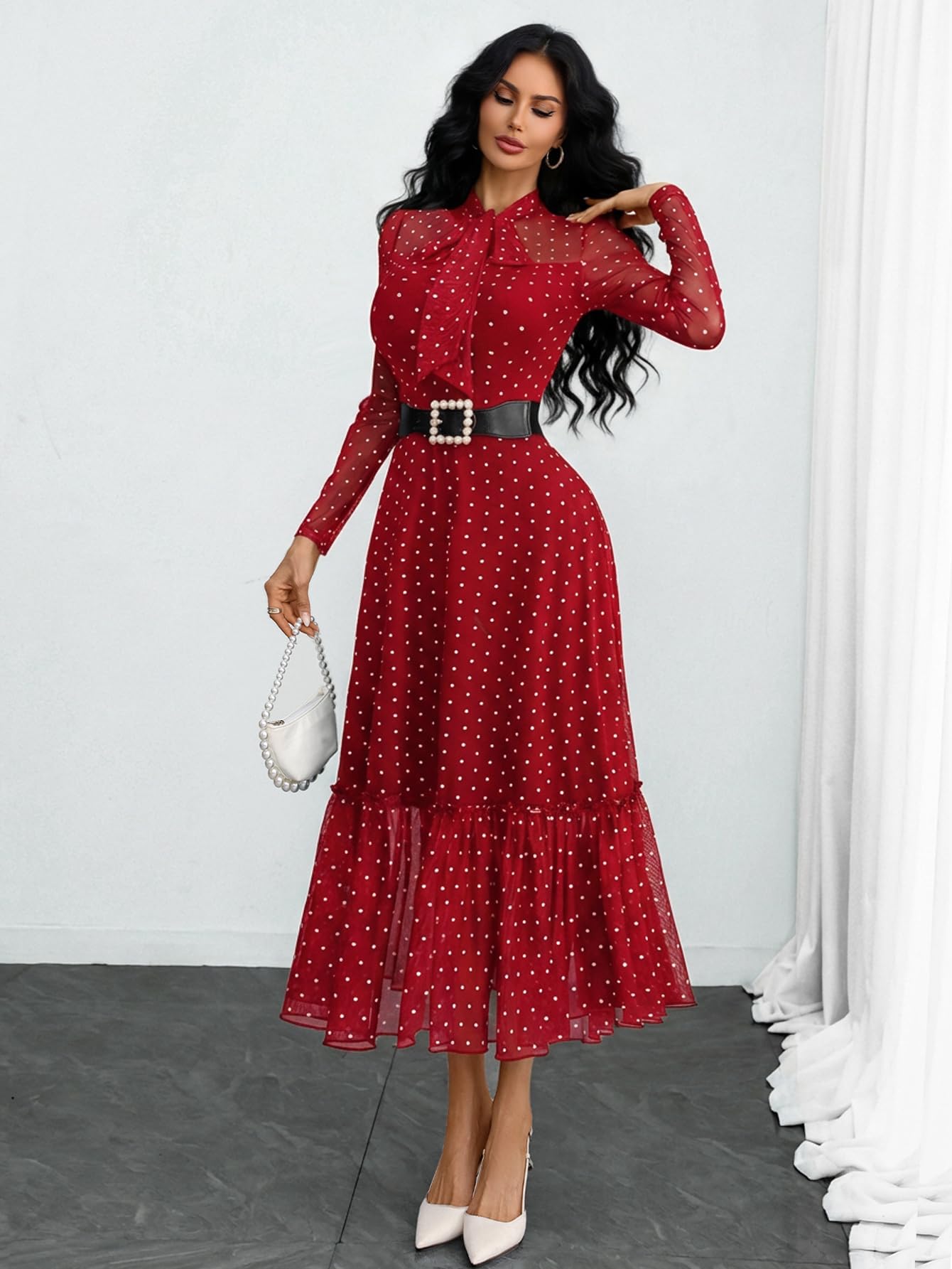 GothDark Polka Dot Dress for Women Mesh Tie Neck Bow Sheer Sleeve Flowy Ruffle Hem Going Out Wedding Guest Casual Dress