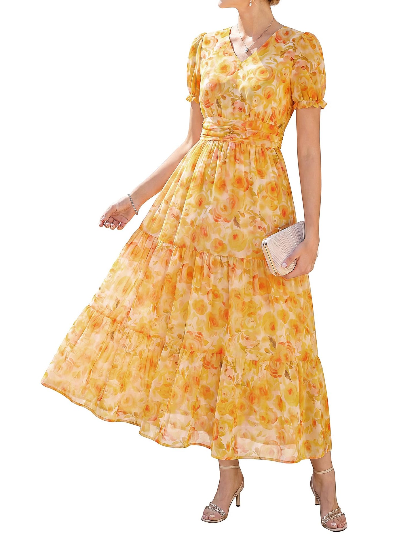 GRACE KARIN Women's 2026 Summer Wedding Guest Maxi Dresses Floral V Neck Short Sleeve Elegant Flowy Formal Dress with Pockets