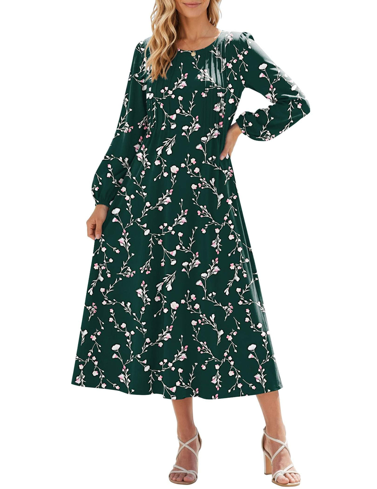 Zeagoo Fall Dresses for Women Long Sleeve Midi Dress Casual A Line Dresses 2026 Pleated Flare Dress with Pockets