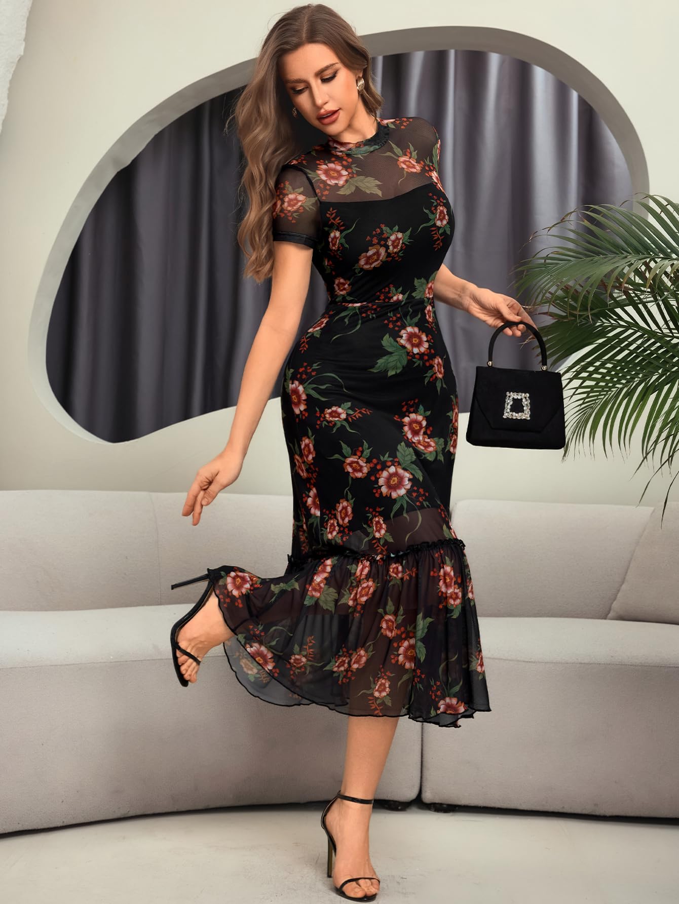 GothDark Women's Summer Floral Mesh Ruffle Dress Short Sleeve Round Neck Waist Cinched Casual Maxi Wedding Guest Dresses
