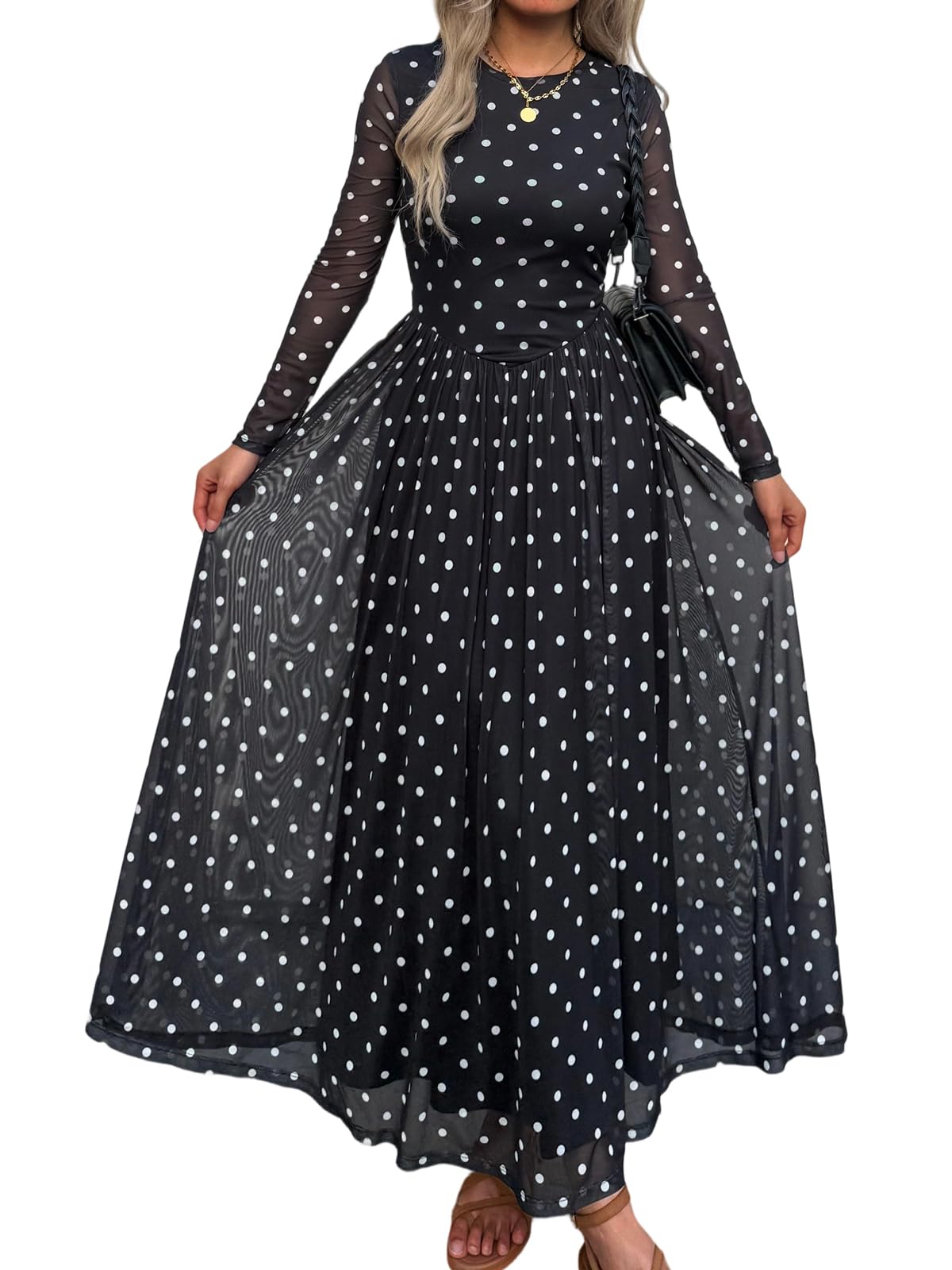 Women's Maxi Dress 2026 Spring Long Sleeve Crewneck Mesh Floral Dress Drop Waist Party Wedding Guest Dresses