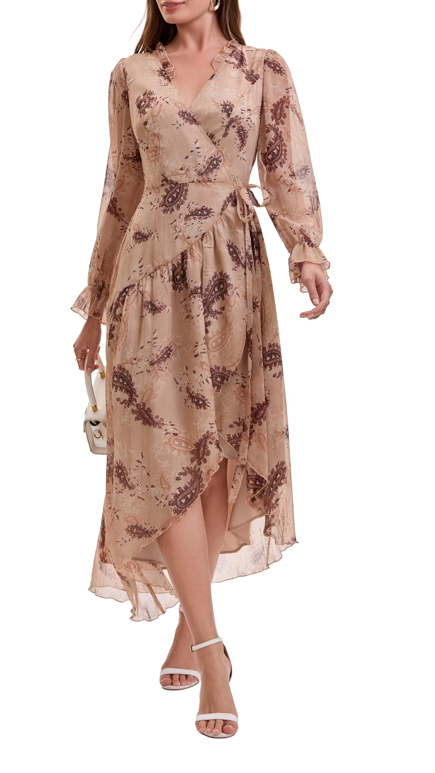 Women's Bohemian Floral Print Tie-Waist Wrap Midi Dress - Long Sleeve V-Neck Asymmetrical Hem Flowy Chiffon Dress