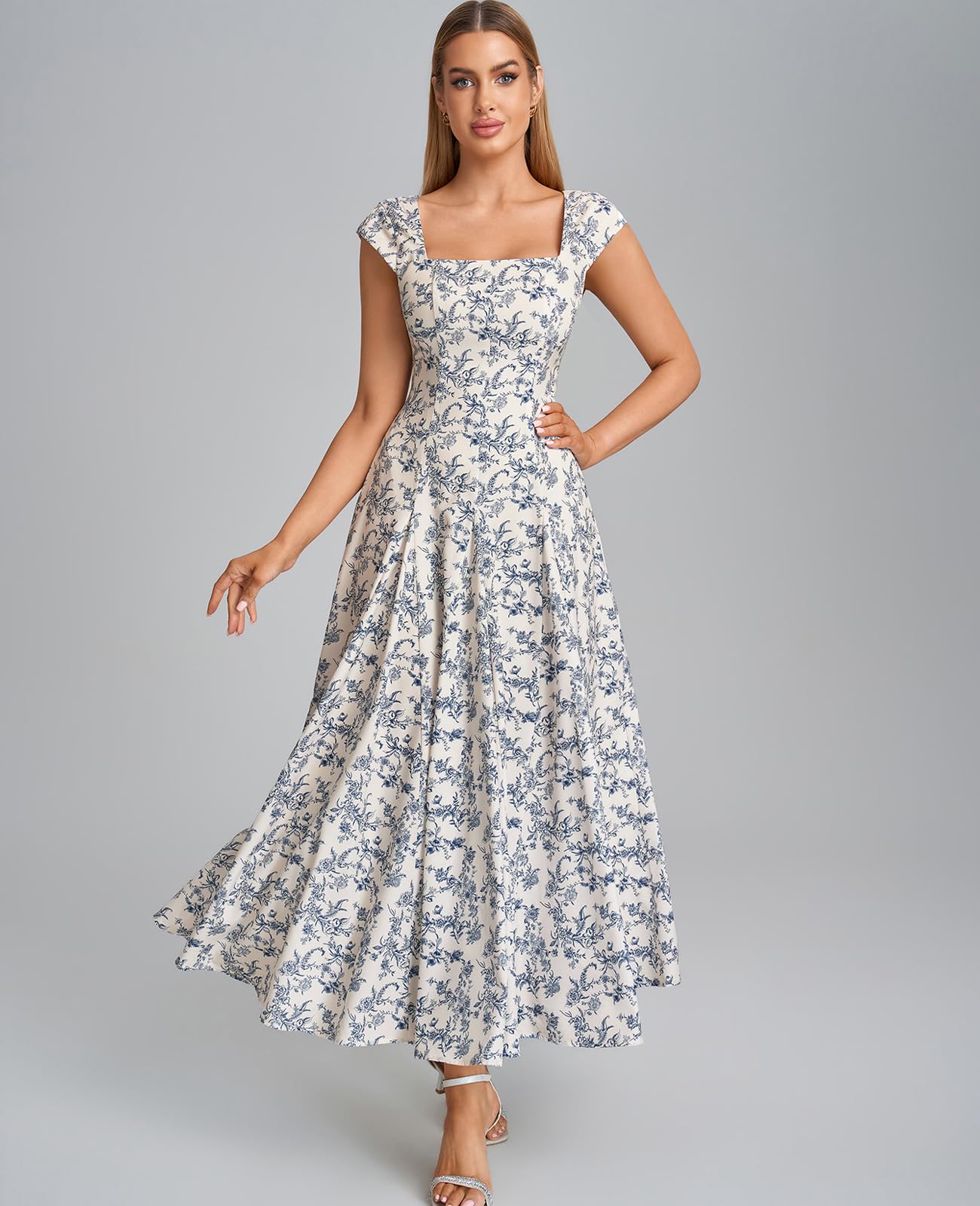 GLNEGE Women’s Corset Wedding Guest Maxi Dress Cap Sleeve Square Neck Lace Up A Line Flowy Formal Midi Dress with Pockets