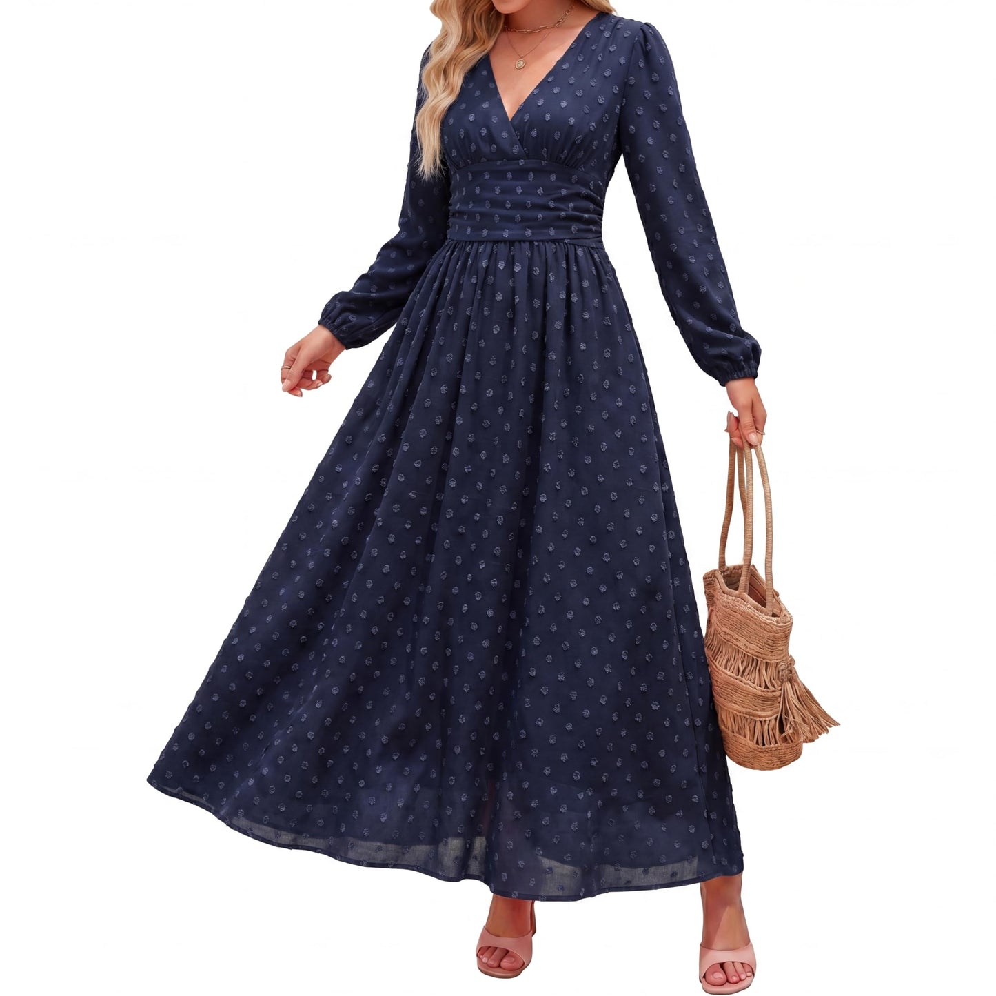 Women's Swiss Dot Long Sleeve V Neck Midi Dress, Faux Wrap A-Line Wedding Guest Dress, Fully Lined Smocked Back
