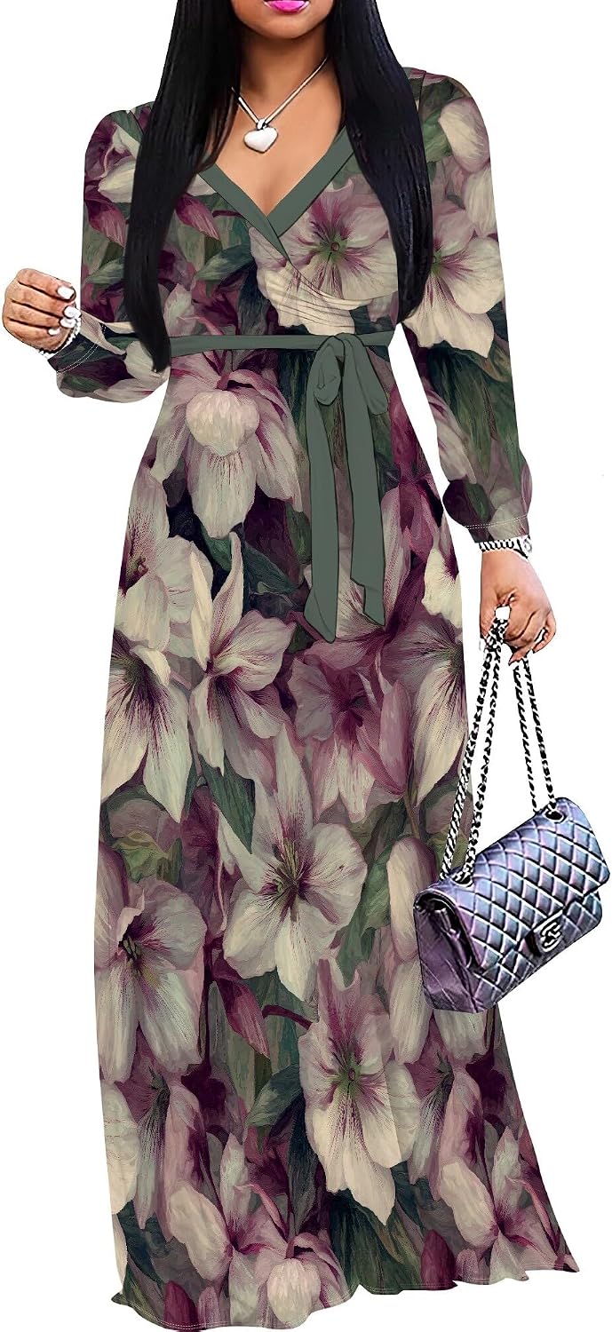 SUZONANA Plus Size Dresses for Women Floral Print Maxi Dress Flowy 3/4 Sleeve with Belt