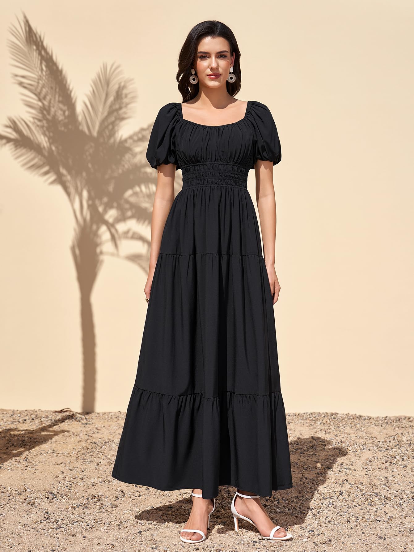 Women Puff Sleeve Wedding Guest Maxi Dress Floral Flowy A Line Tiered Beach Long Dresses