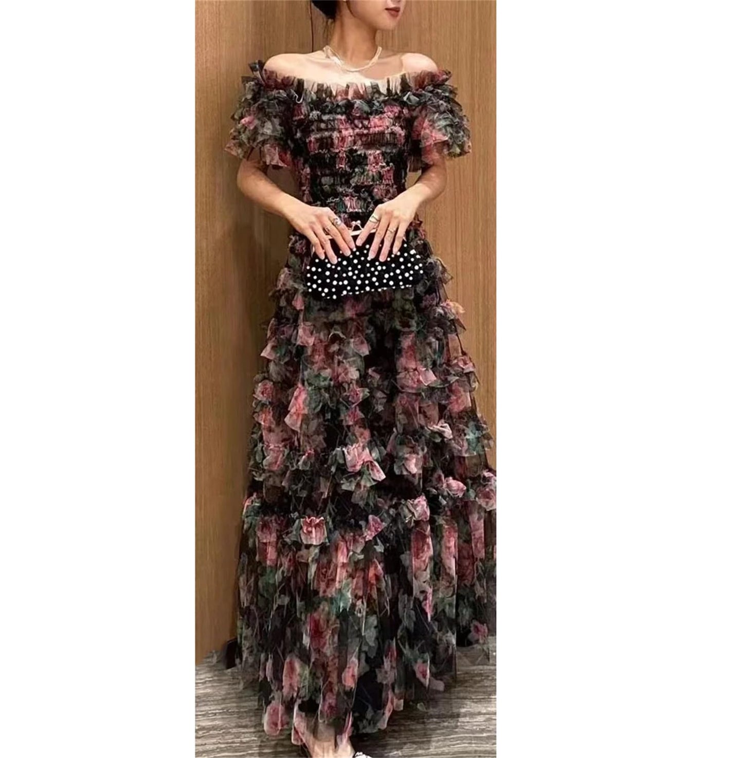 Women Summer Floral Long Dress Holiday Tulle Layer Ruffles Evening Party Maxi Vestidos