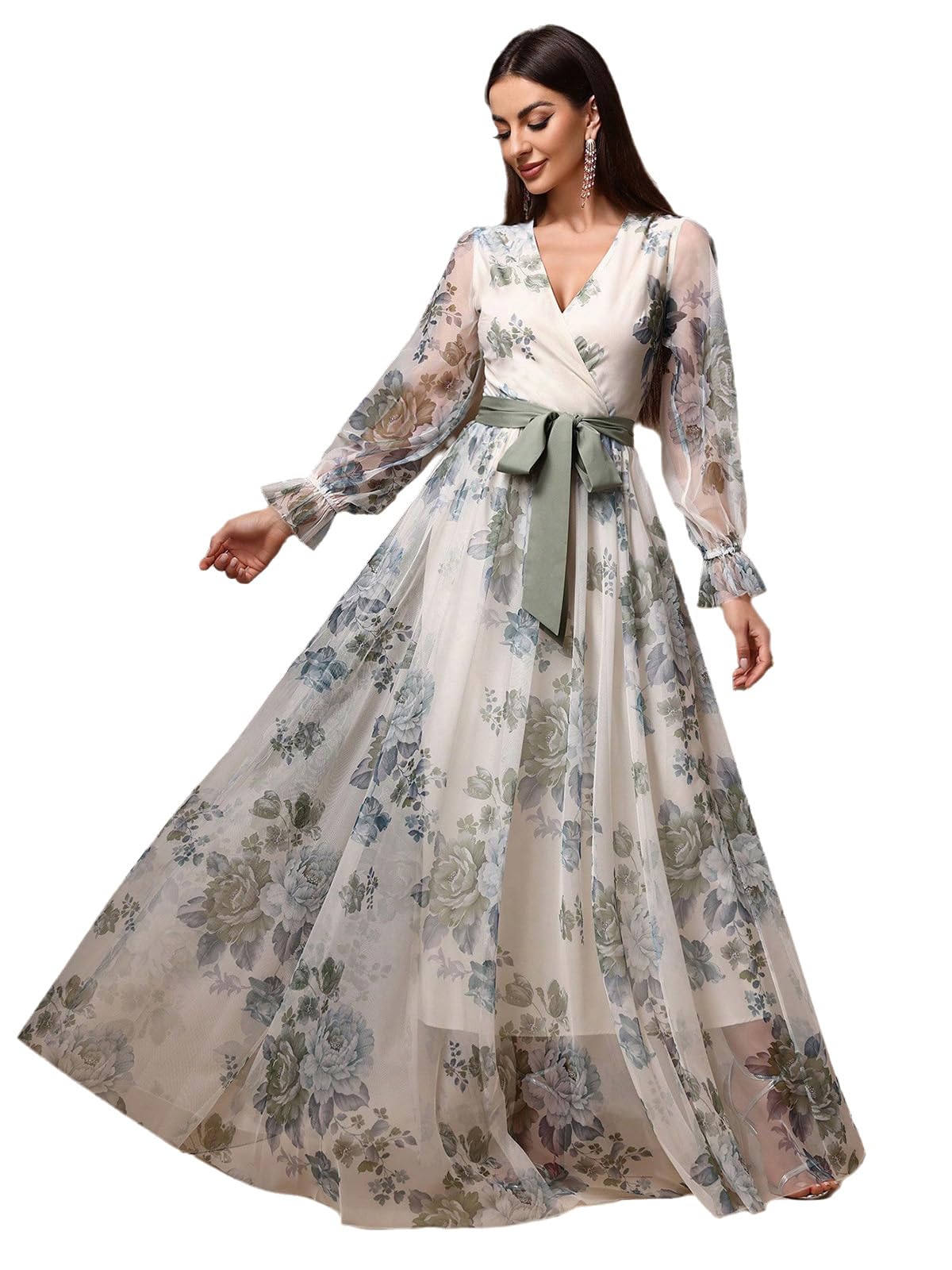 TOLEEN Summer Casual Dresses for Women 2024 Spring Fashion Boho V Neck Long Sleeve Ruffle Floral Print Elegant Maxi Dress
