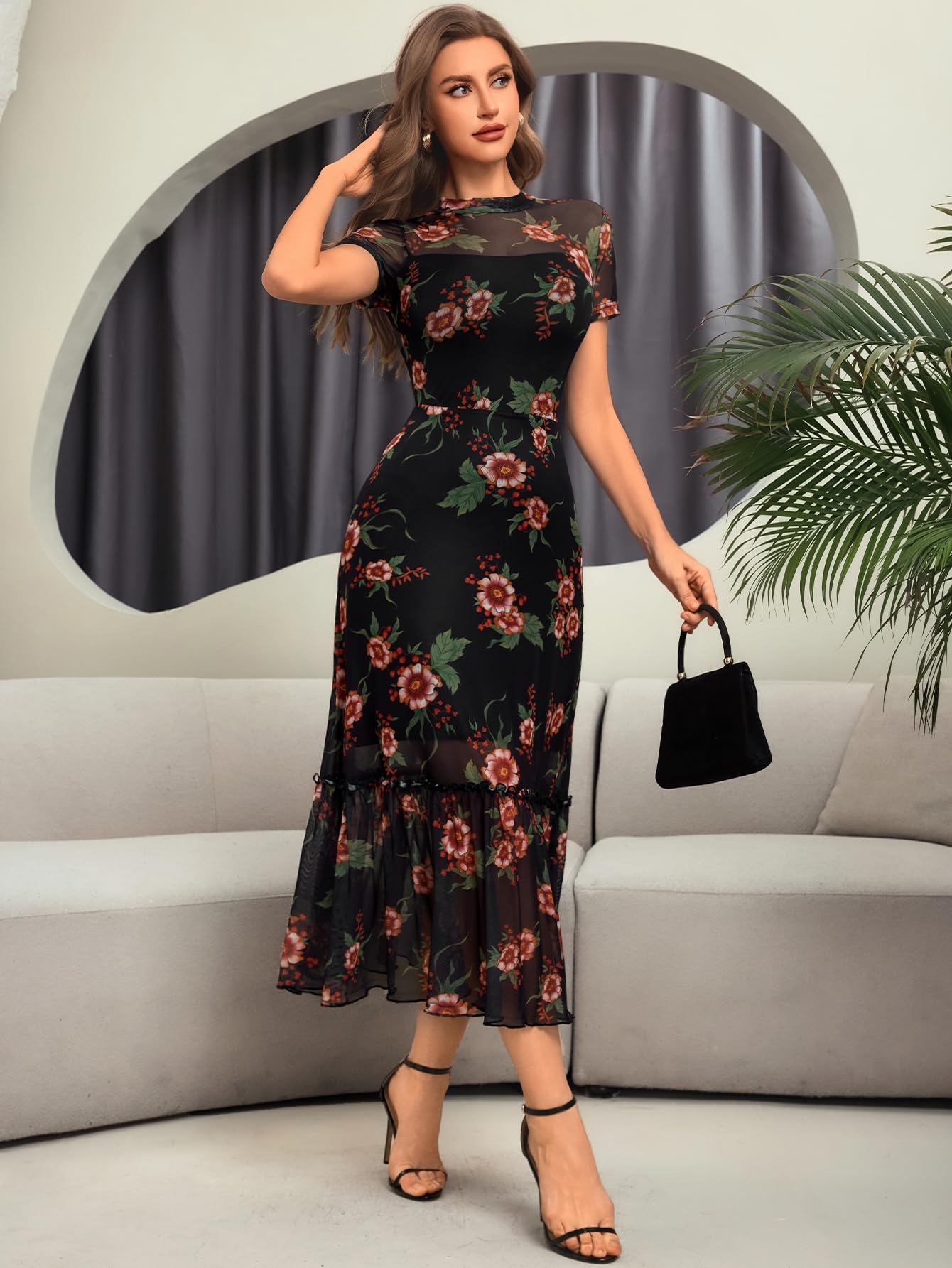 GothDark Women's Summer Floral Mesh Ruffle Dress Short Sleeve Round Neck Waist Cinched Casual Maxi Wedding Guest Dresses