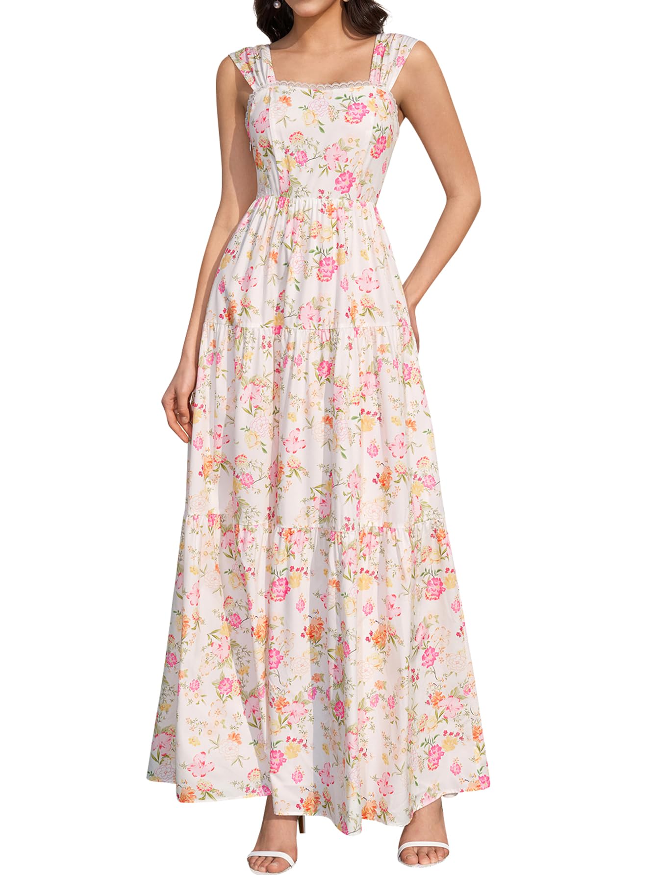 KUTUMAI Floral Maxi Long Dress Lace Up Square Neck Flowy Summer Wedding Guest Dresses for Women 2026