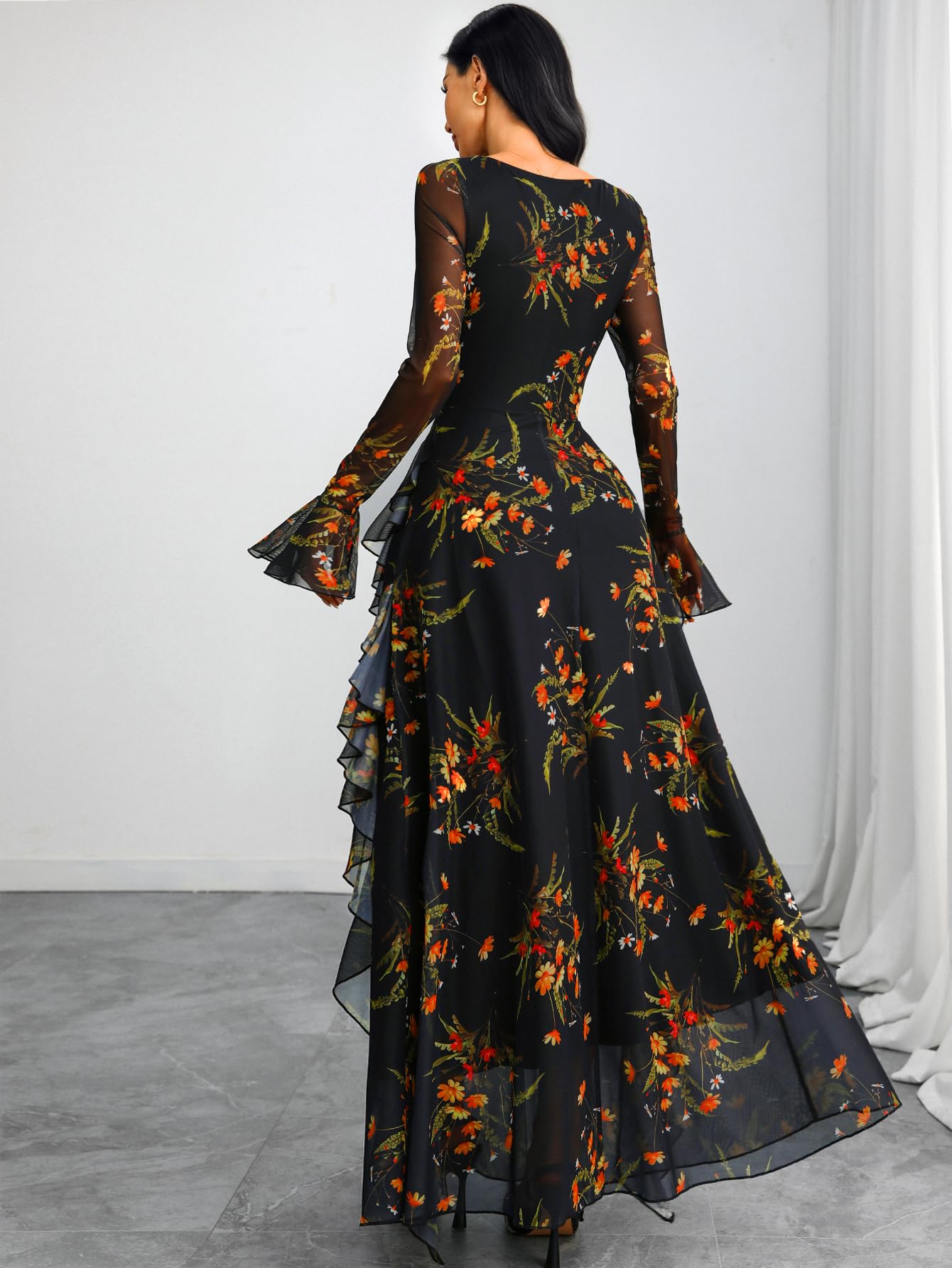 GothDark Women's Floral Dress Mesh Sheer Long Sleeve Square Neck Ruffle Layered Elegant Date Night Holiday Party Outfit