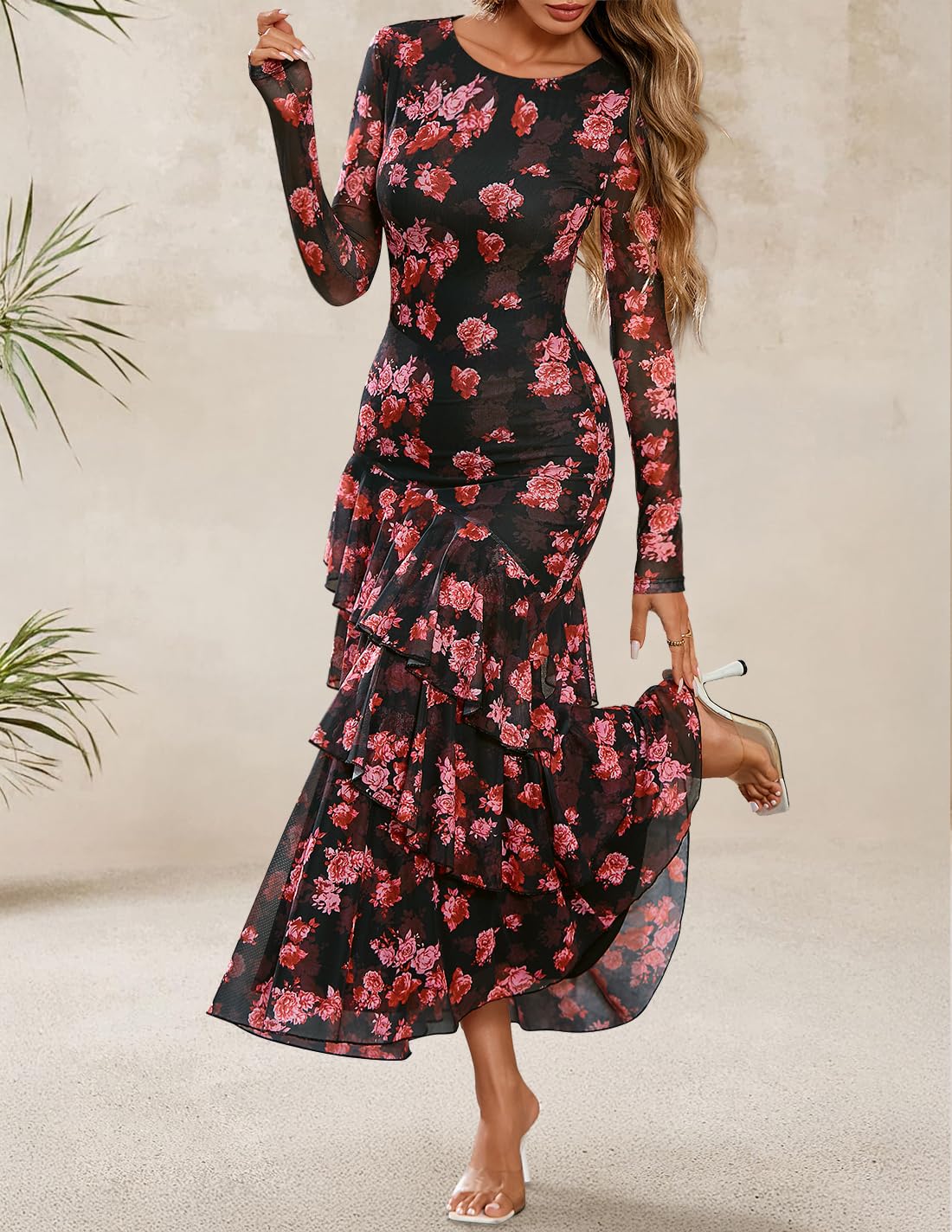 ZESICA Women's Fall Floral Bodycon Maxi Wedding Guest Dresses