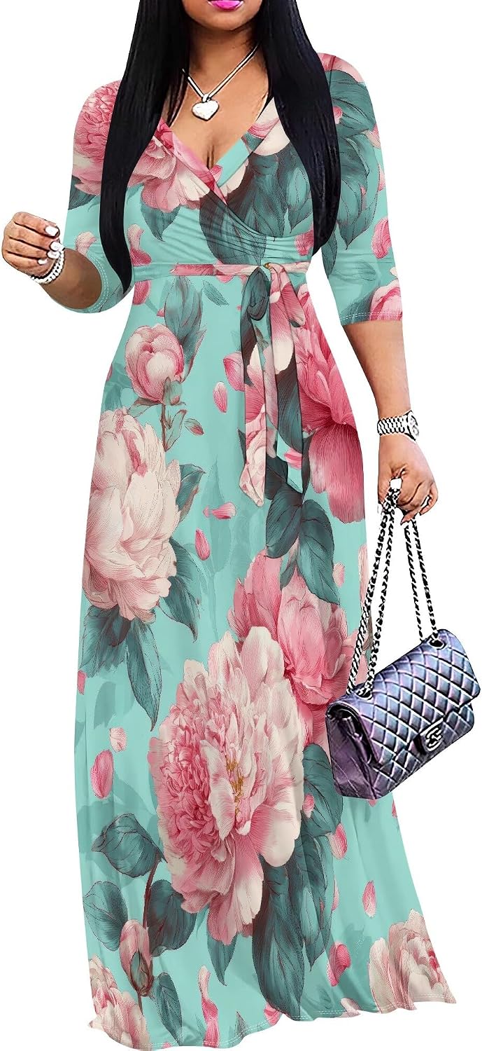 SUZONANA Plus Size Dresses for Women Floral Print Maxi Dress Flowy 3/4 Sleeve with Belt