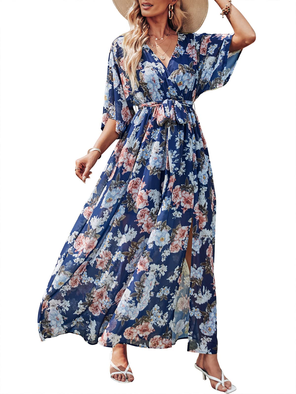 ANRABESS Womens 1/2 Sleeve Beach Wedding Guest Maxi Dresses 2026 Summer Wrap V Neck Boho Floral Flowy Slit Long Dresses