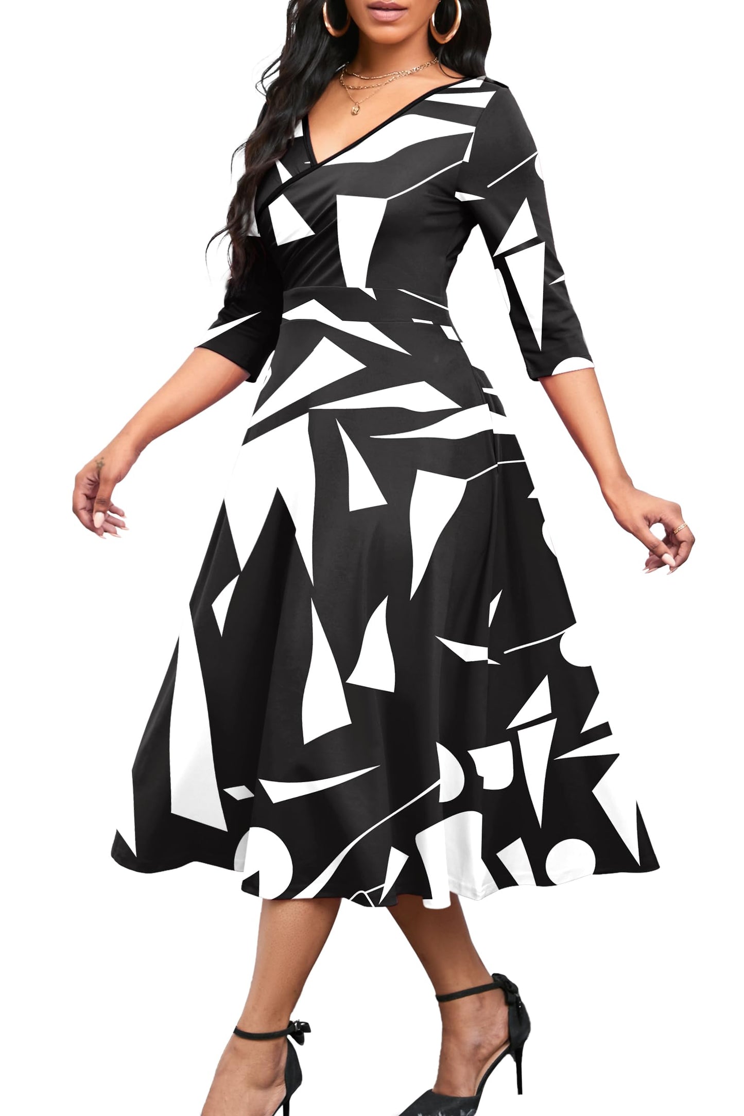 Nmoder Women's Casual Wrap Flared Midi Dress Wedding Guest Cocktail Tea Dresses A-Line Swing V-Neck 3/4 Sleeve