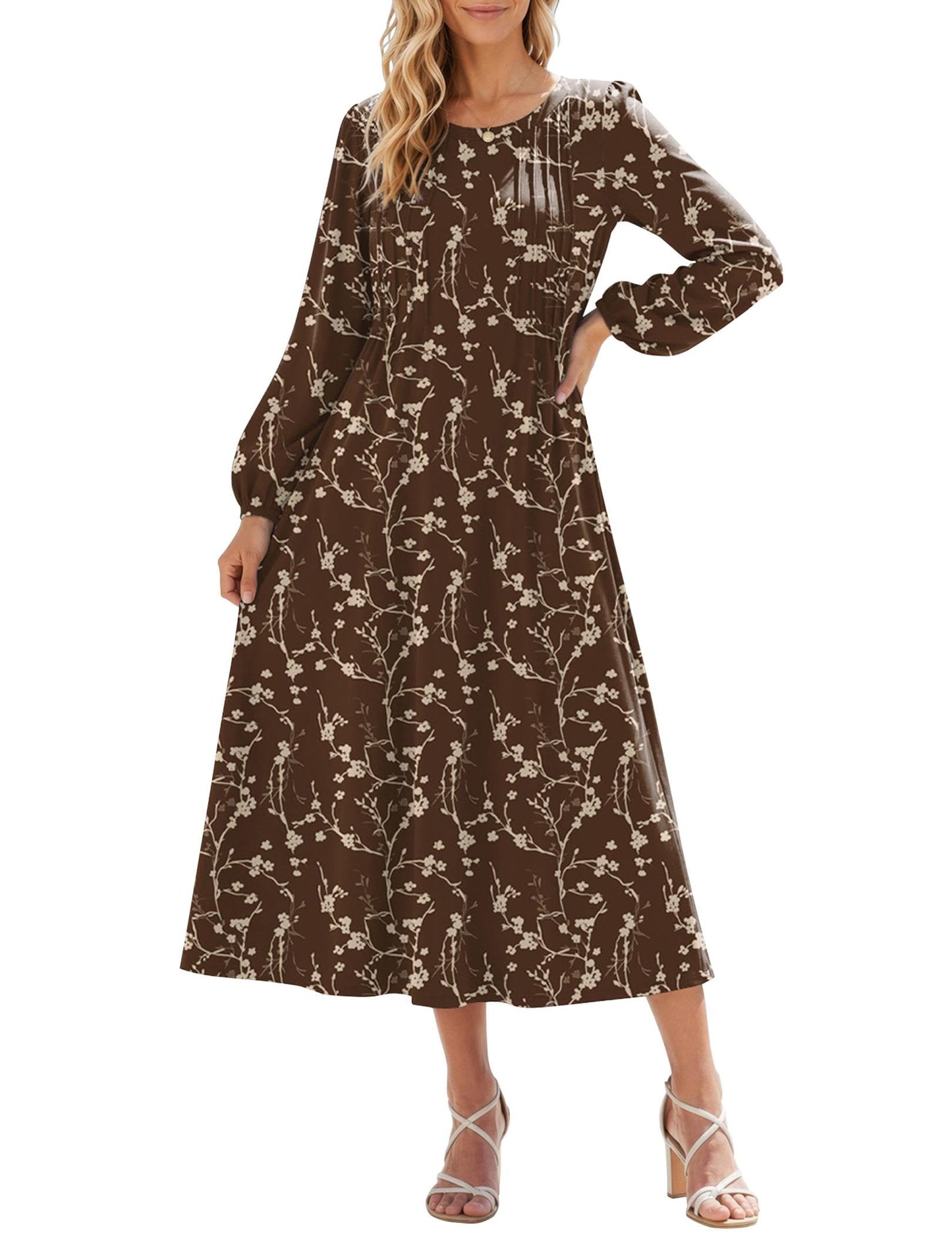 Zeagoo Fall Dresses for Women Long Sleeve Midi Dress Casual A Line Dresses 2026 Pleated Flare Dress with Pockets