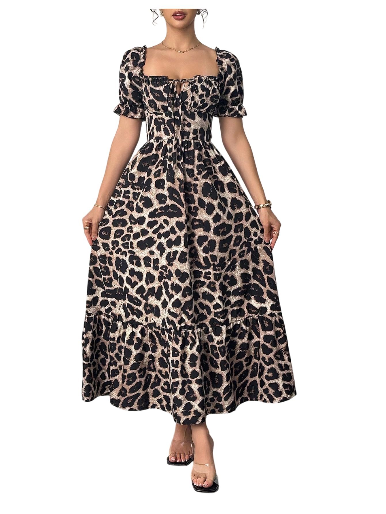 Floerns Women's Floral Short Puff Sleeve Milkmaid Dress Boho A Line Long Dresses