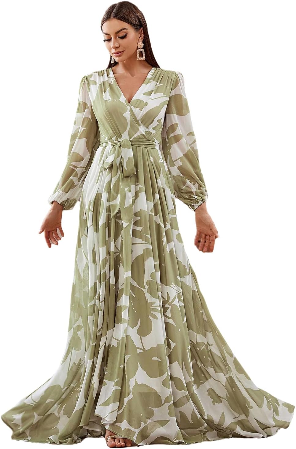 TOLEEN Summer Casual Dresses for Women 2024 Spring Fashion Boho V Neck Long Sleeve Ruffle Floral Print Elegant Maxi Dress