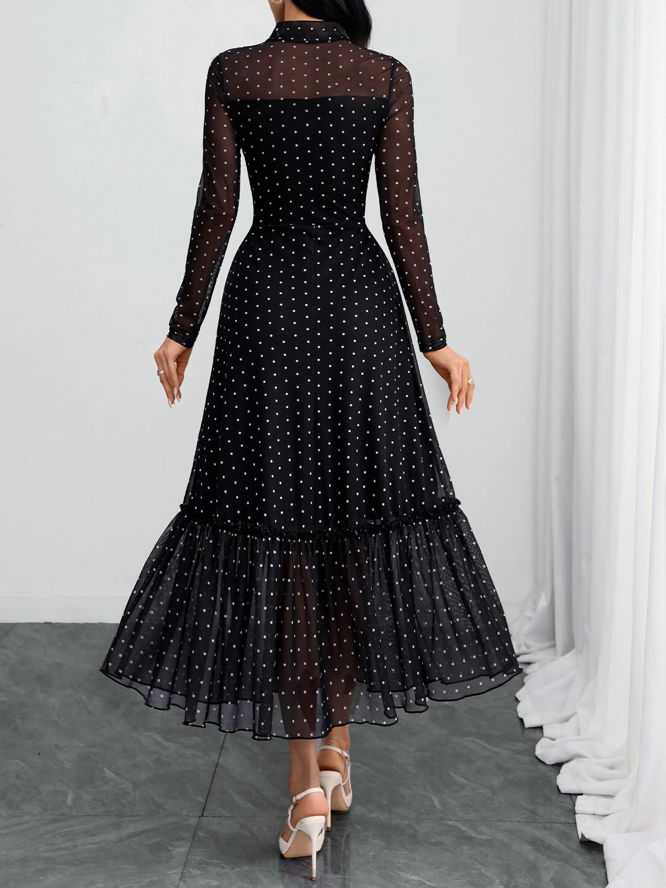 GothDark Polka Dot Dress for Women Mesh Tie Neck Bow Sheer Sleeve Flowy Ruffle Hem Going Out Wedding Guest Casual Dress
