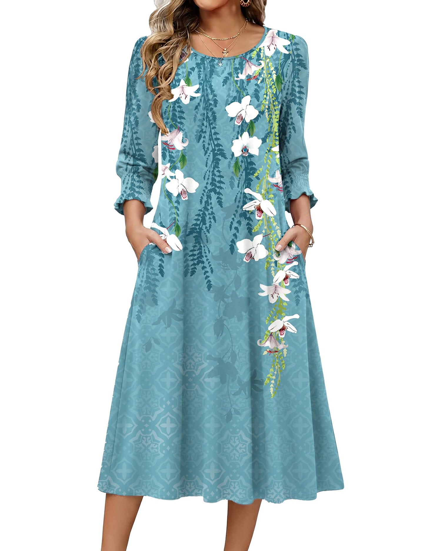 Zeagoo Summer Dresses for Women 2026 3/4 Sleeve Dress for Women Floral Midi Dresses for Casual Womens Dresses with Pockets