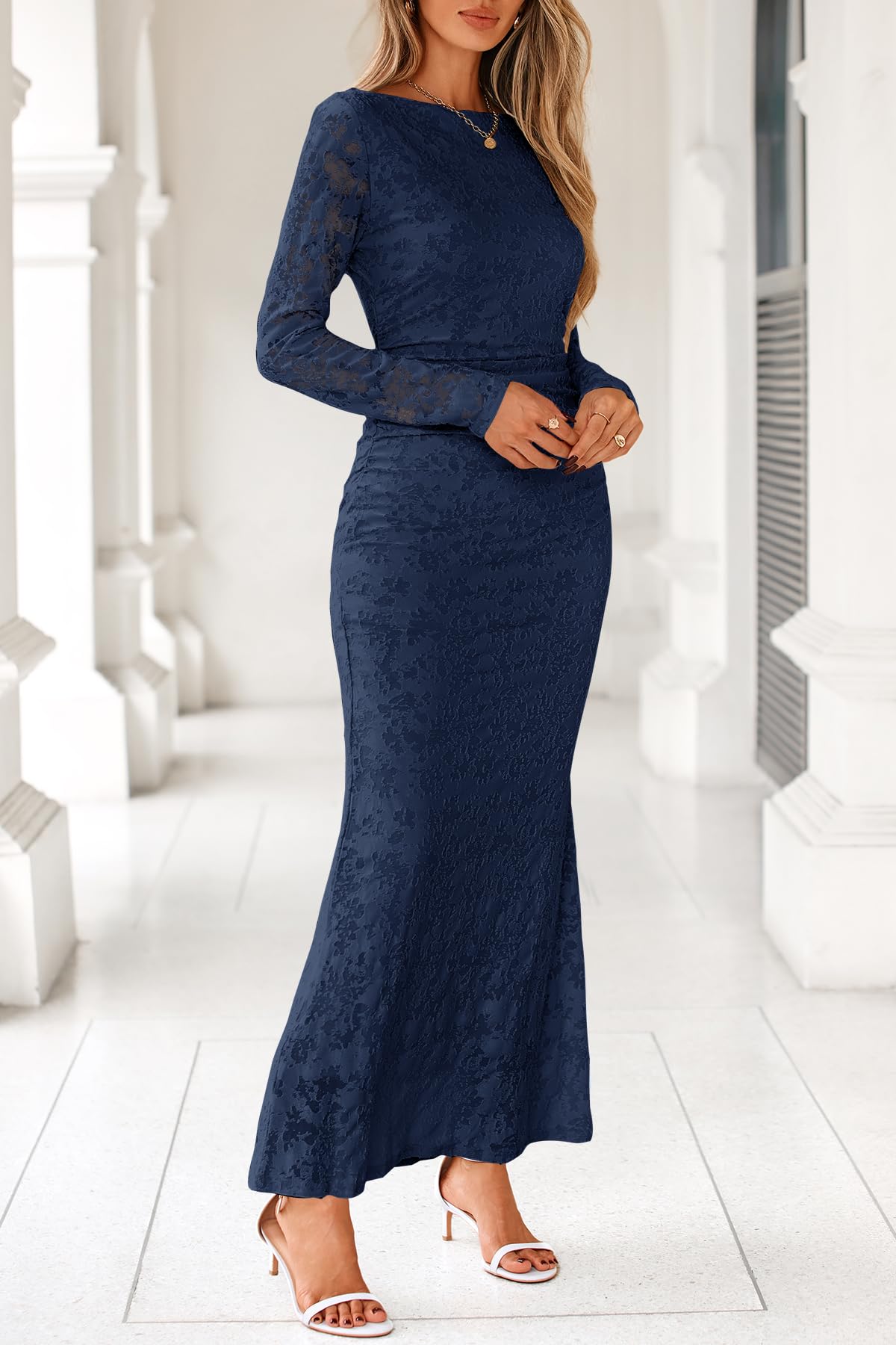 MITILLY Women's Formal Long Sleeve Dress Fall Elegant Floral Bodycon Ruched Cocktail Party Maxi Dresses New