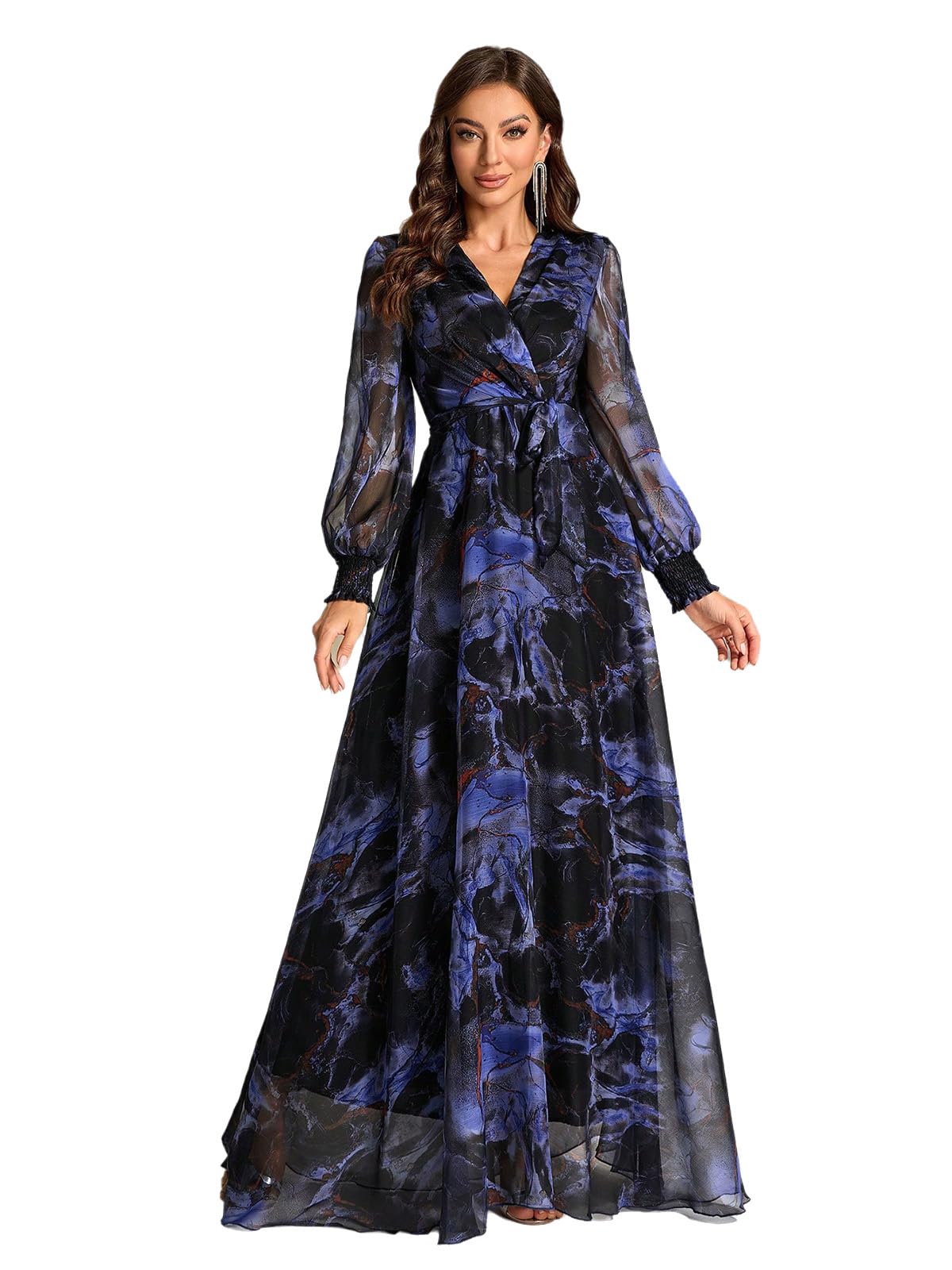 TOLEEN Summer Casual Dresses for Women 2024 Spring Fashion Boho V Neck Long Sleeve Ruffle Floral Print Elegant Maxi Dress