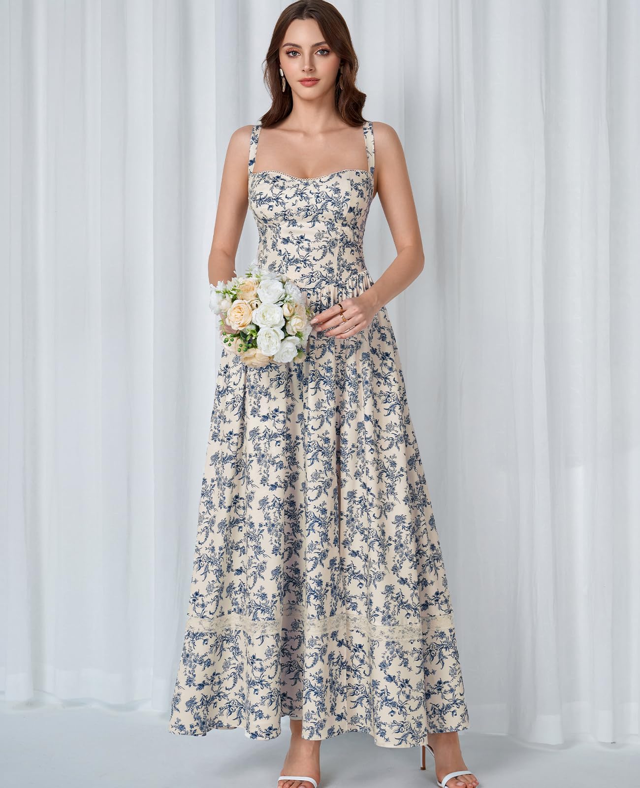 GLNEGE Floral Corset Wedding Guest Maxi Dress Summer Spring Flowy A Line Slit Tea Party Sundress for Women with Pockets