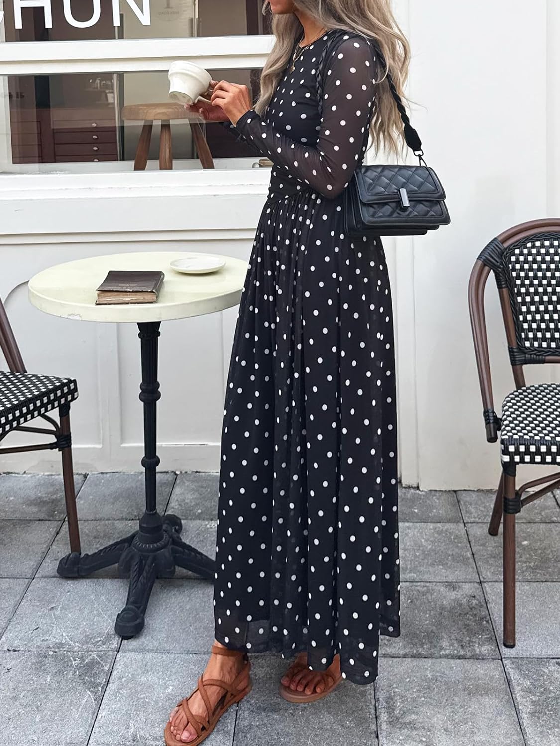 Women's Maxi Dress 2026 Spring Long Sleeve Crewneck Mesh Floral Dress Drop Waist Party Wedding Guest Dresses