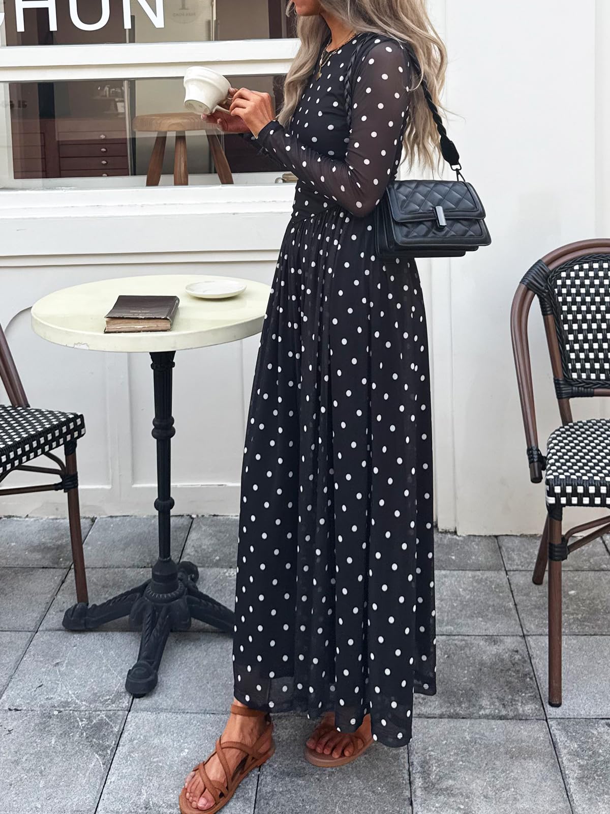 Women's Maxi Dress 2026 Spring Long Sleeve Crewneck Mesh Floral Dress Drop Waist Party Wedding Guest Dresses
