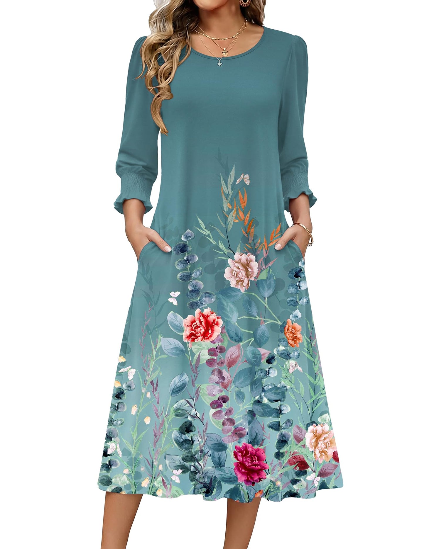 Zeagoo Summer Dresses for Women 2026 3/4 Sleeve Dress for Women Floral Midi Dresses for Casual Womens Dresses with Pockets