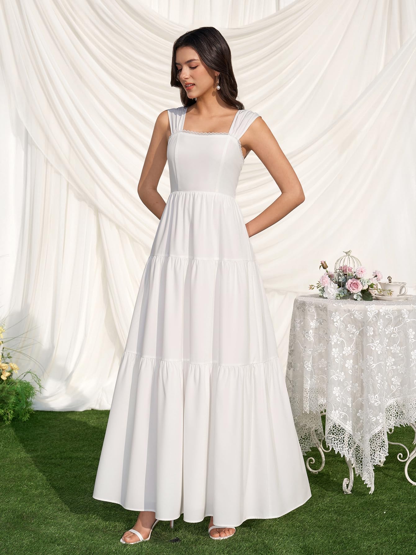 KUTUMAI Floral Maxi Long Dress Lace Up Square Neck Flowy Summer Wedding Guest Dresses for Women 2026