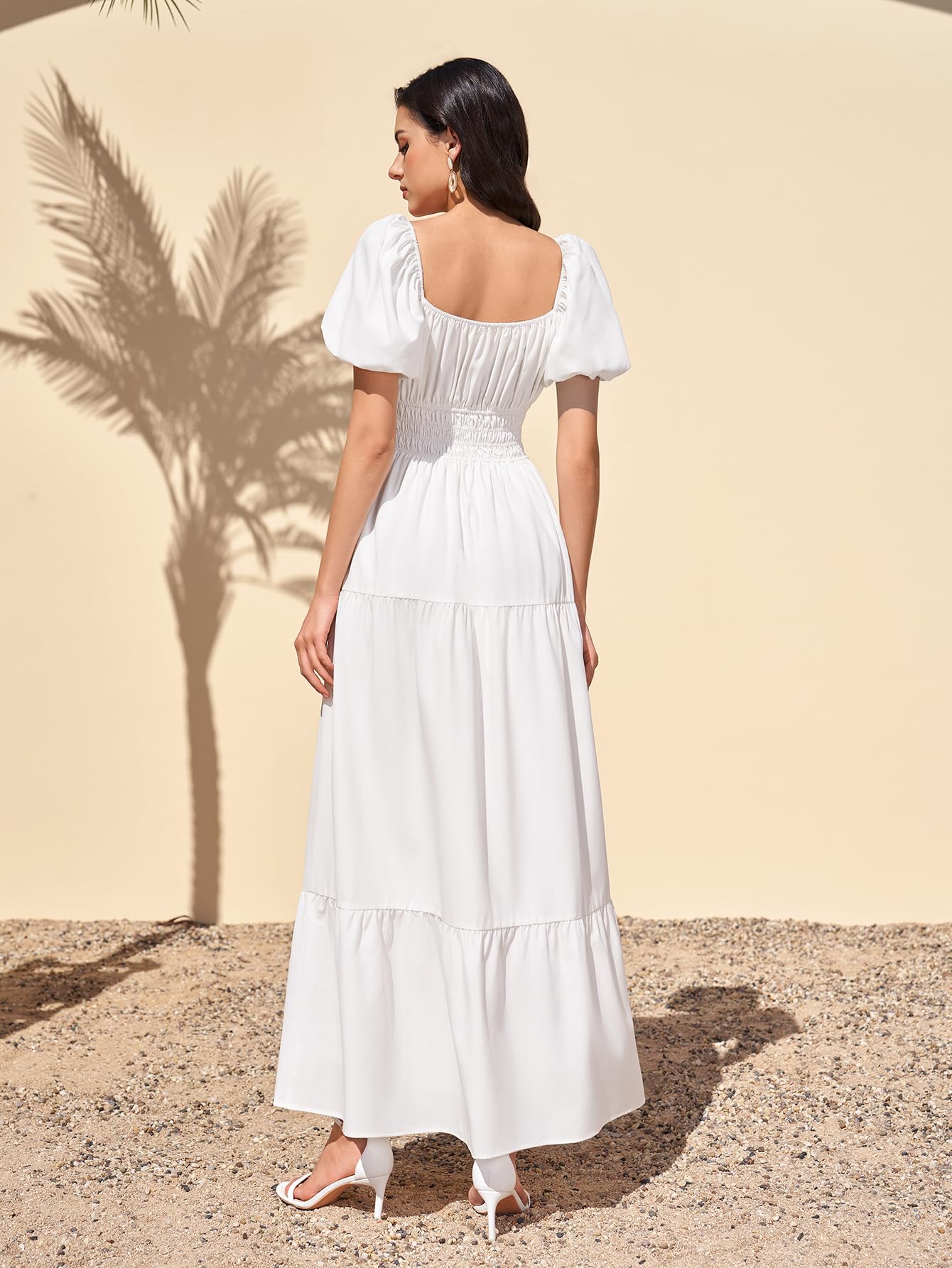 Women Puff Sleeve Wedding Guest Maxi Dress Floral Flowy A Line Tiered Beach Long Dresses