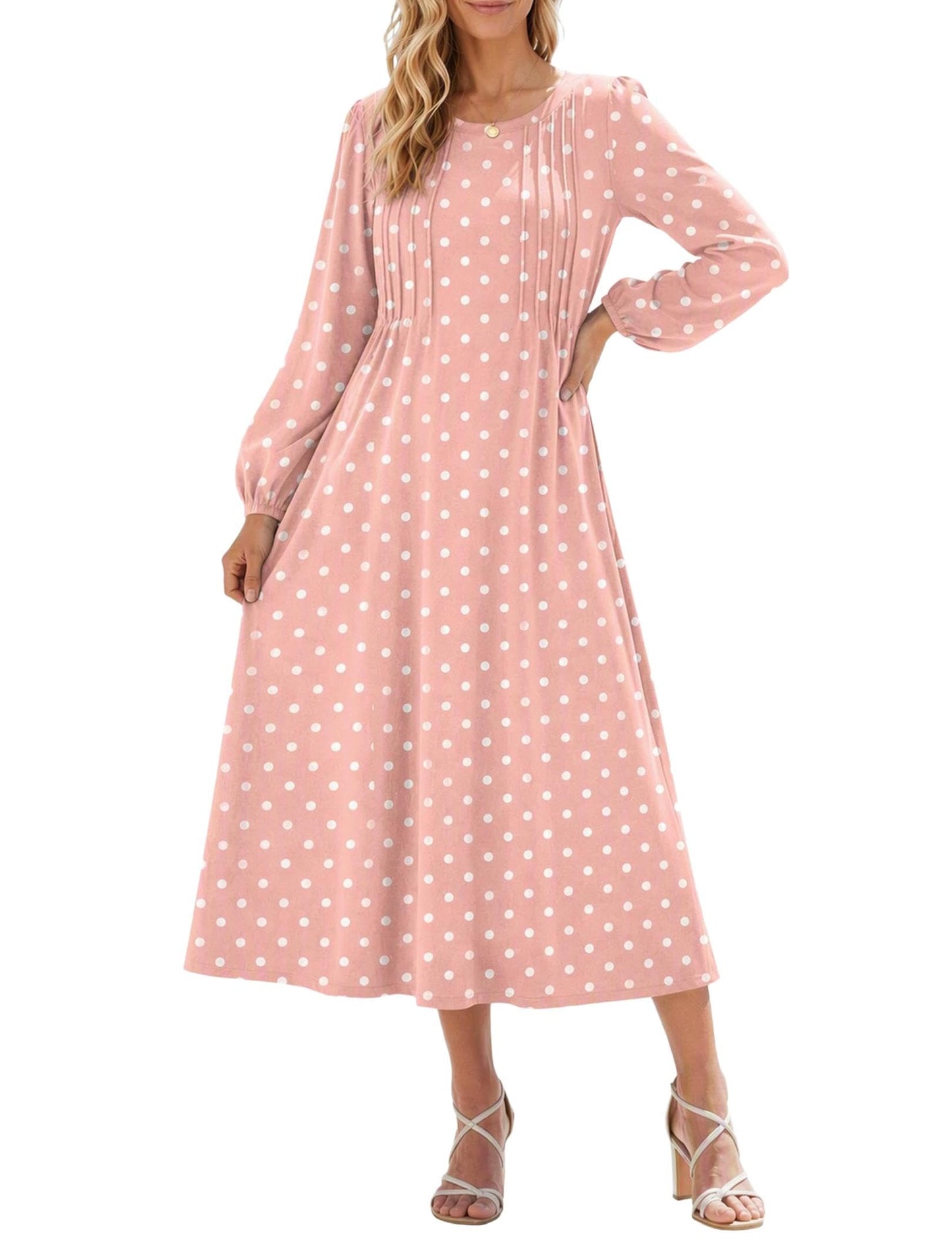 Zeagoo Fall Dresses for Women Long Sleeve Midi Dress Casual A Line Dresses 2026 Pleated Flare Dress with Pockets