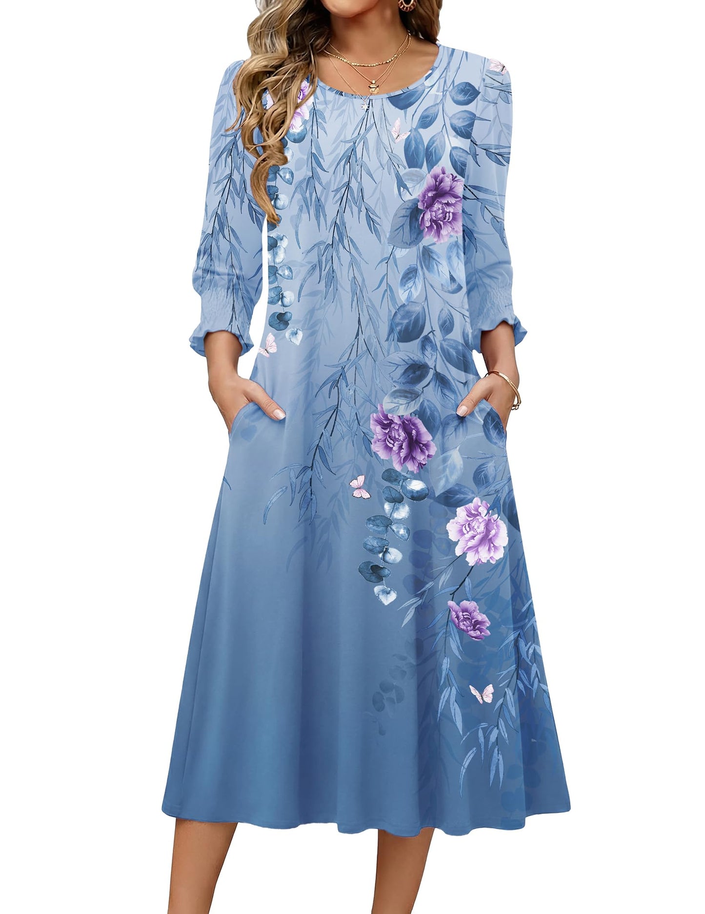 Zeagoo Summer Dresses for Women 2026 3/4 Sleeve Dress for Women Floral Midi Dresses for Casual Womens Dresses with Pockets