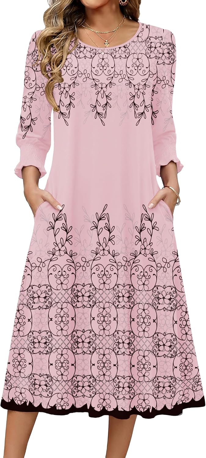 Zeagoo Summer Dresses for Women 2026 3/4 Sleeve Dress for Women Floral Midi Dresses for Casual Womens Dresses with Pockets