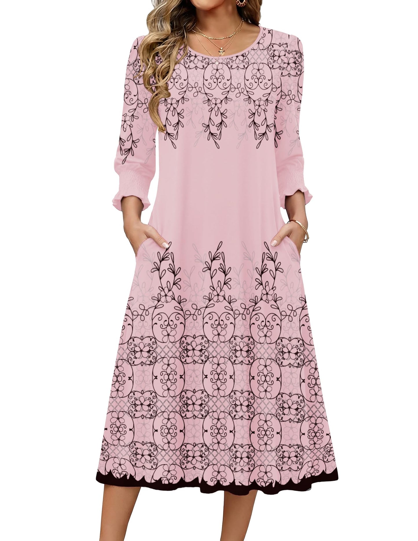 Zeagoo Summer Dresses for Women 2026 3/4 Sleeve Dress for Women Floral Midi Dresses for Casual Womens Dresses with Pockets