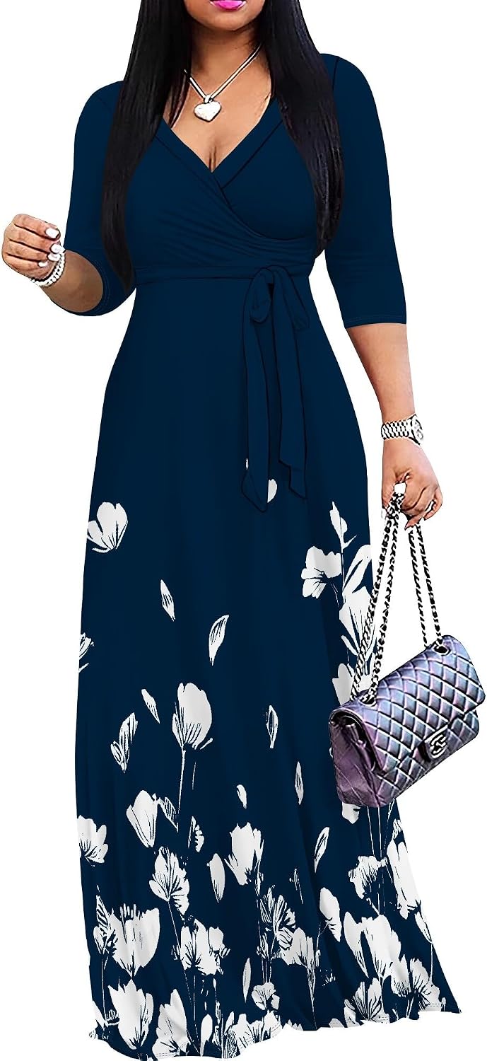 SUZONANA Plus Size Dresses for Women Floral Print Maxi Dress Flowy 3/4 Sleeve with Belt